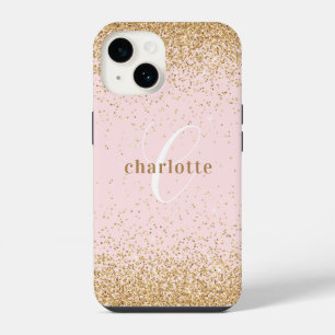 Funda Para iPhone 14 Monograma Rosa Dorado Brillo Femenino Glam