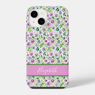 Funda Para iPhone 14 Monograma Rosa Gris Verde Boho Floral Acuarela 