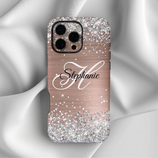 Funda Para iPhone Monograma Rosa Purpurina Relieve metalizado dorado (Silver Glitter Rose Gold Foil Fancy Monogram iPhone Case)