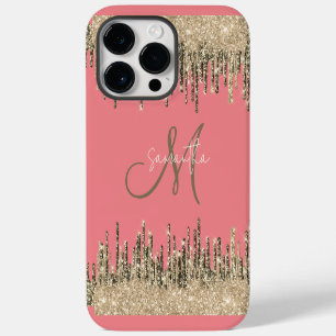 Funda Para iPhone 14 Pro Max Monograma rosa y dorado de Girly Glam Purpurinoso