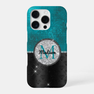 Funda Para iPhone 16 Pro Monograma turquesa negro Purpurina de moda falso p