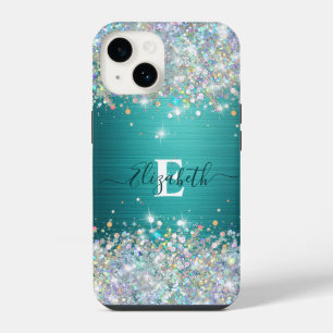 Funda Para iPhone 14 Monograma Verde azulado moderno de imitación holog