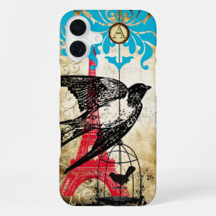 Funda Para iPhone 16 Plus Monograma Vintage Pájaro Torre Eiffiel Steampunk
