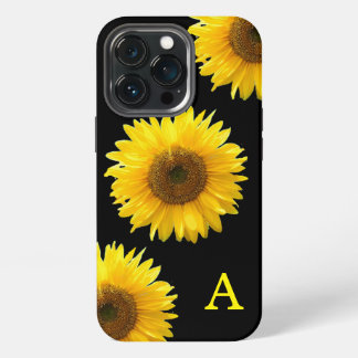 Funda Para iPhone 13 Pro Monograma y hermosos girasoles en negro