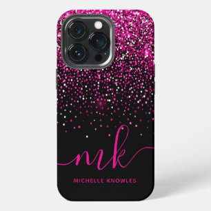 Funda Para iPhone 13 Pro Monograma y nombre con brillos rosados