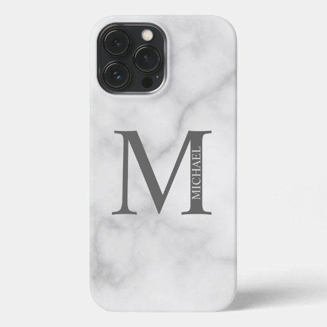 Funda Para iPhone Monograma y nombre personalizados de mármol blanco (Reverso )