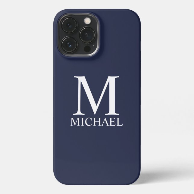 Funda Para iPhone Monograma y nombre personalizados del azul marino (Reverso )
