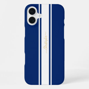 Funda Para iPhone 16 Plus Monogramado de oro de franjas de Carreras blanca a