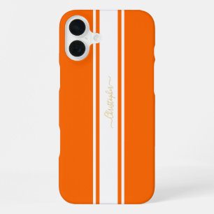 Funda Para iPhone 16 Plus Monogramado de oro de tiras de Carreras blanca Nar
