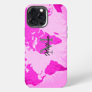 Funda Para iPhone 13 Pro Max Monogramas de Mapa Mundial Viajero Rosa Purpura