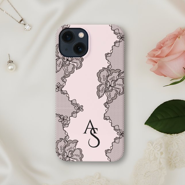 Funda Para iPhone Monogrammed Black Pink Floral Lace  (Subido por el creador)
