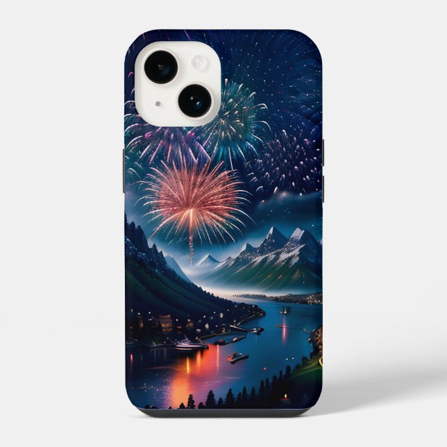 Funda Para iPhone Montaña Twilight con fuegos artificiales (Reverso )