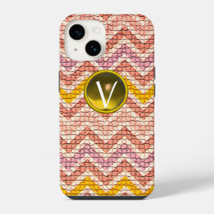 FUNDA PARA iPhone 14 MOSAICO DE CHEVRONES BLING MONOGRAMA AMARILLO ROSA