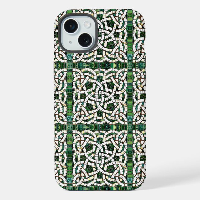 Funda Para iPhone Mosaico de piedra de nudo celta verde y blanco (Reverso )