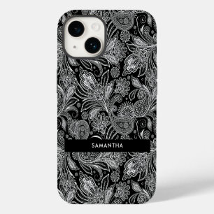 Funda Para iPhone 14 Motivo Islámico Negro y Blanco Patrón Paisley