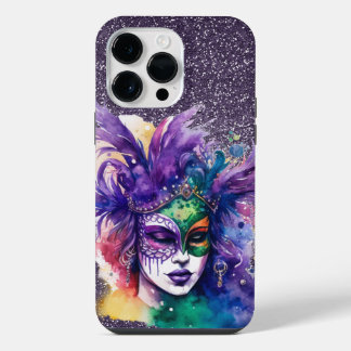 FUNDA PARA iPhone 14 PRO MAX MUJER DE MARDI GRAS PURPURA VERDE ORO