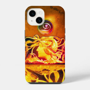FUNDA PARA iPhone 14 MUJER ELEGANTE BELLEZA JOYA /DAMA, LAZO AZUL, FLOR