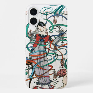 FUNDA PARA iPhone 16 PLUS MUJER JOVEN CON LAZO COLORIDO GIRAR Y CUPIDO