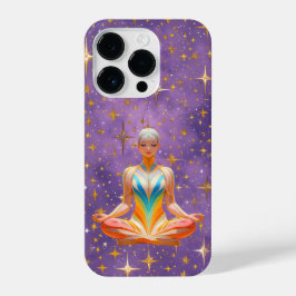 Funda Para iPhone 14 Pro Mujer meditativa y cielo púrpura estrellado