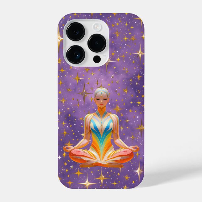 Funda Para iPhone Mujer meditativa y cielo púrpura estrellado (Reverso )