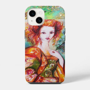 FUNDA PARA iPhone 14 MUJER ROMÁNTICA CON PLUMA DE PAVO REAL BRILLANTE