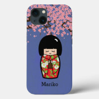 Muñeca japonesa kokeshi en Kimono rojo con Sakura