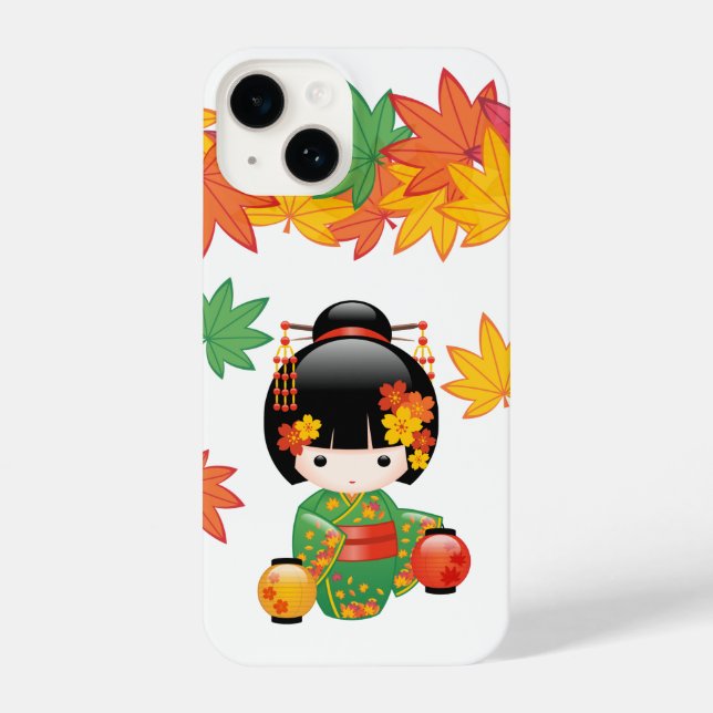 Funda Para iPhone Muñeca Kokeshi Caída - Chica de Kimono Verde Geish (Reverso )