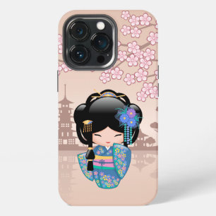 Funda Para iPhone 13 Pro Muñeca Kokeshi Keiko - Niña Geisha de Kimono Azul
