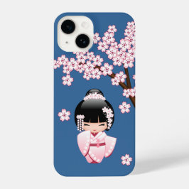 Funda Para iPhone 14 Muñeca kokeshi kimono blanco - azul Chica geisha