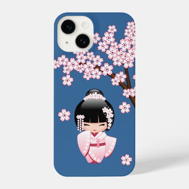Funda Para iPhone Muñeca kokeshi kimono blanco - azul Chica geisha (Reverso )