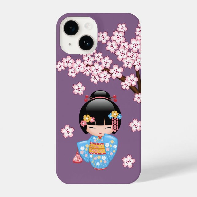 Funda Para iPhone Muñeca Maiko Kokeshi - Chica Geisha de Kimono Azul (Reverso )