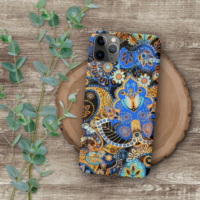 Funda Para iPhone Naranja azul turquesa Black Paisley Floral Art (Subido por el creador)