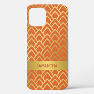 Funda Para iPhone 12 Naranja de oro Art Deco Nombre Geométrico Personal