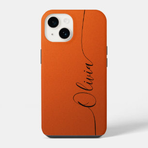 Funda Para iPhone 14 Naranja Negro Script Elegante de Caligrafía Nombre