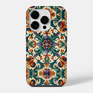 Funda Para iPhone 14 Pro Naranja verde morado Azulejos portugueses mosaicos