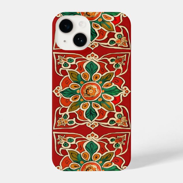 Funda Para iPhone Naranja Verde Rojo Azulejos Amarillo Patrón Floral (Reverso )