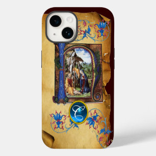 FUNDA PARA iPhone 14 NATIVIDAD PARCHE DE NAVIDAD AZUL GEM MONOGRAMA