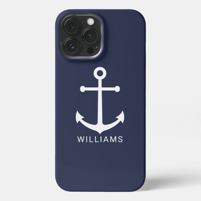 Funda Para iPhone Nautical White Anchor y nombre personalizado en az (Reverso )