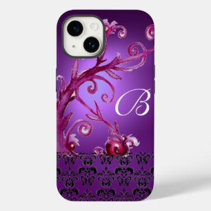 Funda Para iPhone 14 NAVES, BERRIES DAMASK MONOGRAM púrpura negro rosad