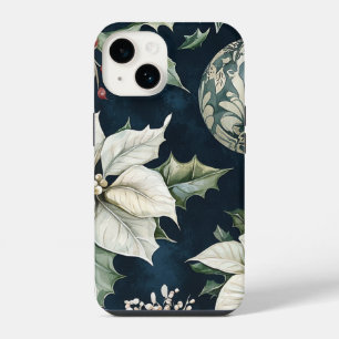 Funda Para iPhone 14 Navidad azul marino poinsettia blanca acebo