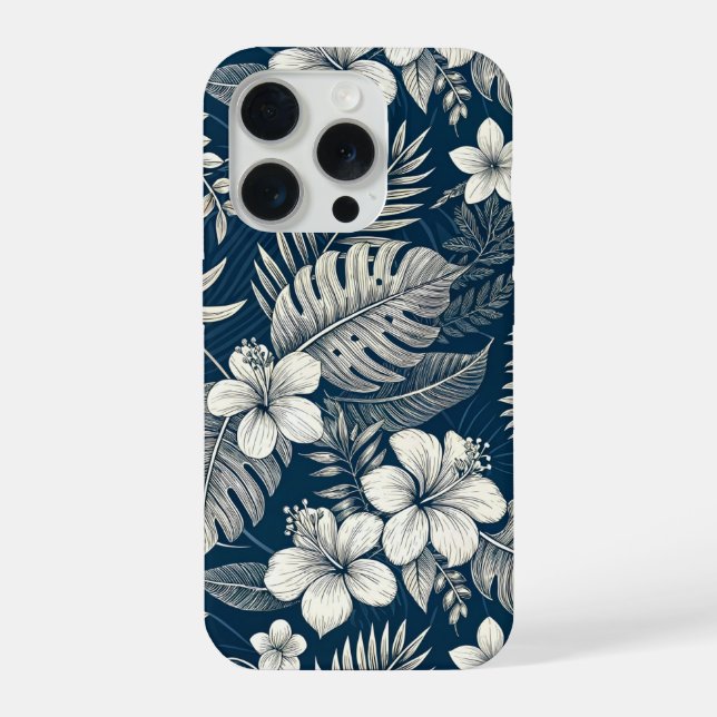 Funda Para iPhone Navy Blue Hibiscus Monstera Tropical Botanical (Reverso )