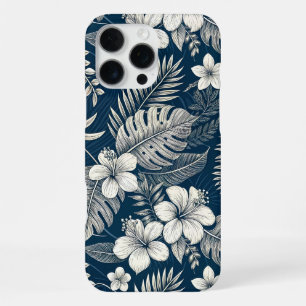 Funda Para iPhone 16 Pro Max Navy Blue Hibiscus Monstera Tropical Botanical