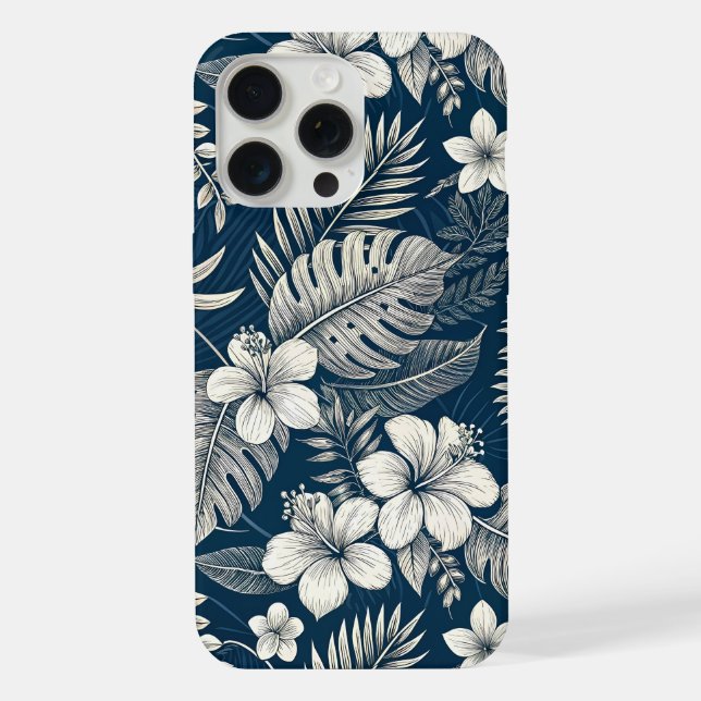 Funda Para iPhone Navy Blue Hibiscus Monstera Tropical Botanical (Reverso )
