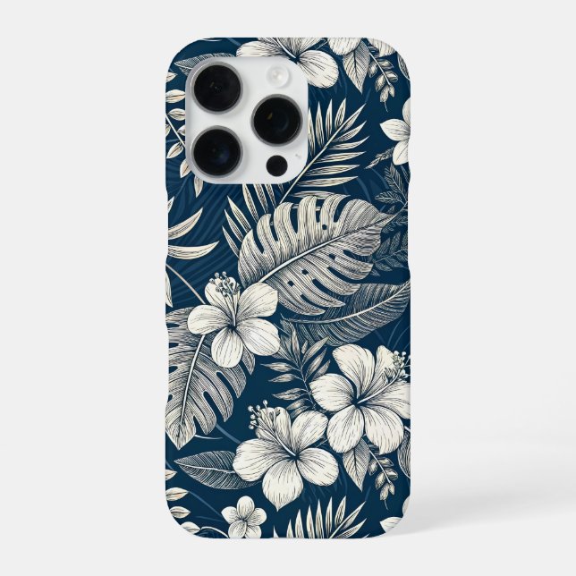 Funda Para iPhone Navy Blue Hibiscus Monstera Tropical Botanical (Reverso)