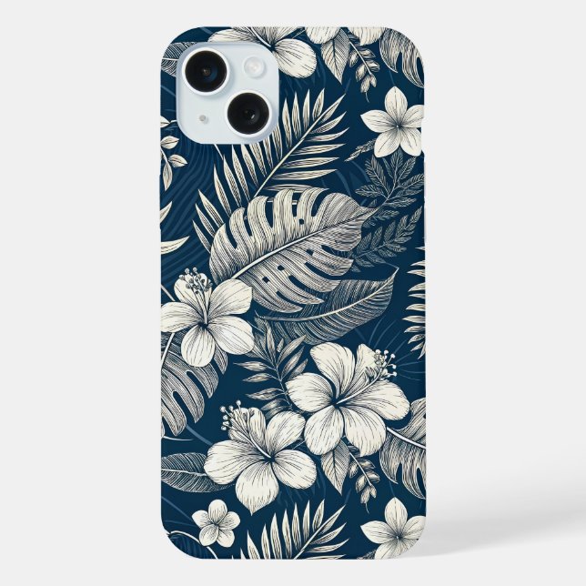 Funda Para iPhone Navy Blue Hibiscus Monstera Tropical Botanical (Reverso )