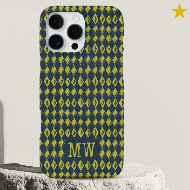 Funda Para iPhone Navy Yellow Doodle Diamond Pattern Custom Monogram (Subido por el creador)