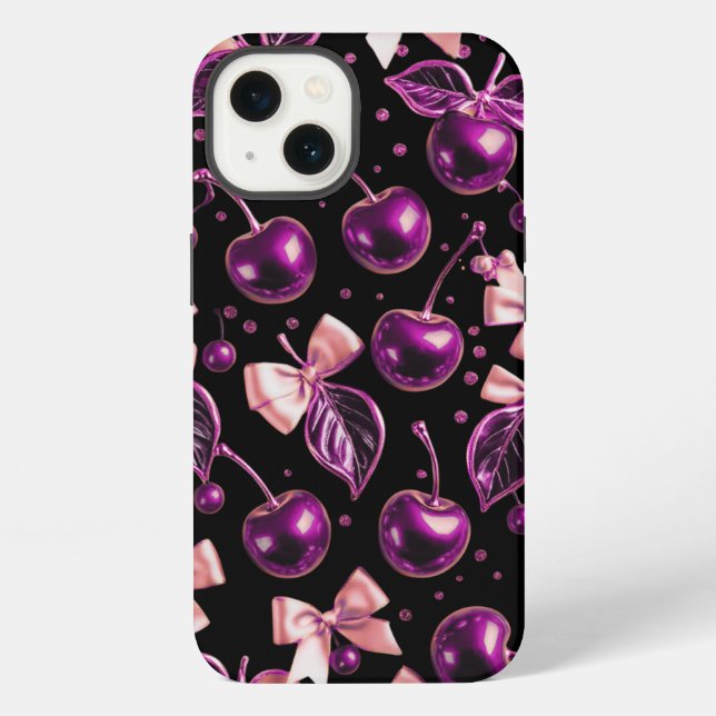 Funda para iPhone negra con patrón de cerezas mora (Reverso )
