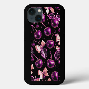 Funda para iPhone negra con patrón de cerezas mora