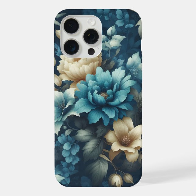 Funda Para iPhone Negrita en azul y delicadas flores de crema  (Reverso )