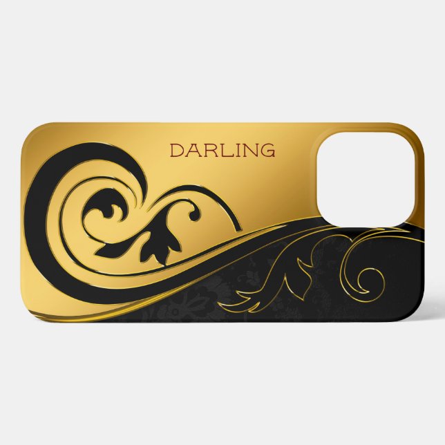 FUNDA PARA iPhone NEGRO MODERNO ORO NEGRO DAMASK (Reverso Horizontal)